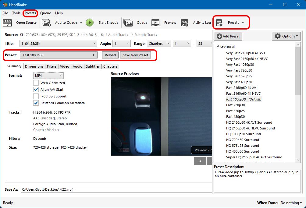 HandBrake Windows 版主界面截图：右侧展开预设列表，当前选中 Fast 1080p30