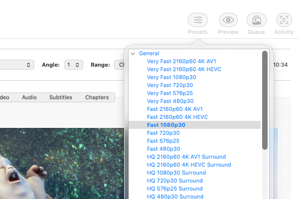 HandBrake macOS 版预设菜单截图：General 分组下的 Fast、Very Fast、HQ 系列预设