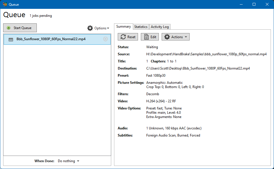 HandBrake Windows 版队列窗口截图：左侧是待处理任务，右侧显示输出路径和编码设置