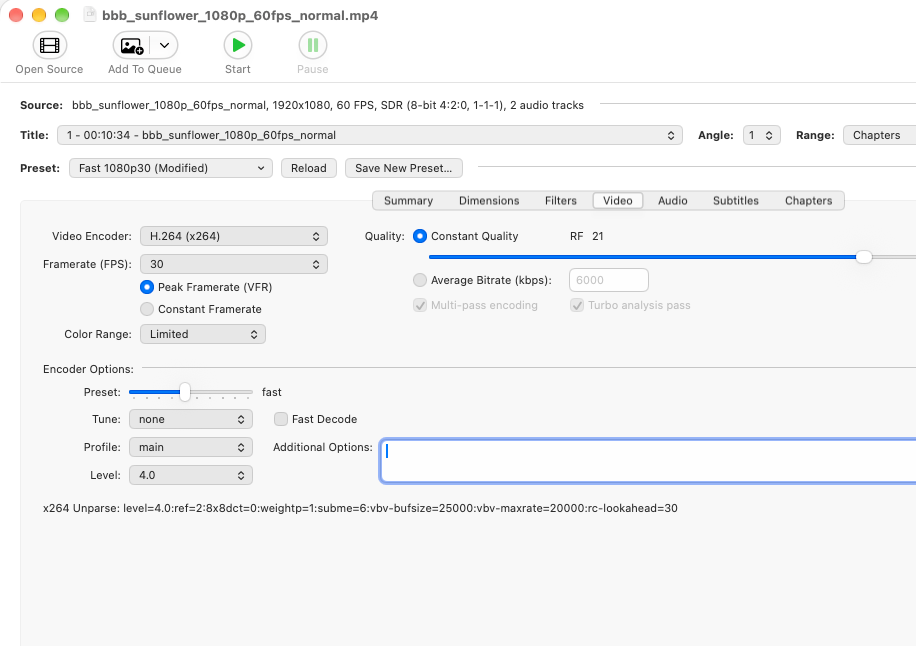 HandBrake 视频设置界面截图（官网 macOS 版截图）：视频编码器 H.264、固定品质 RF 21